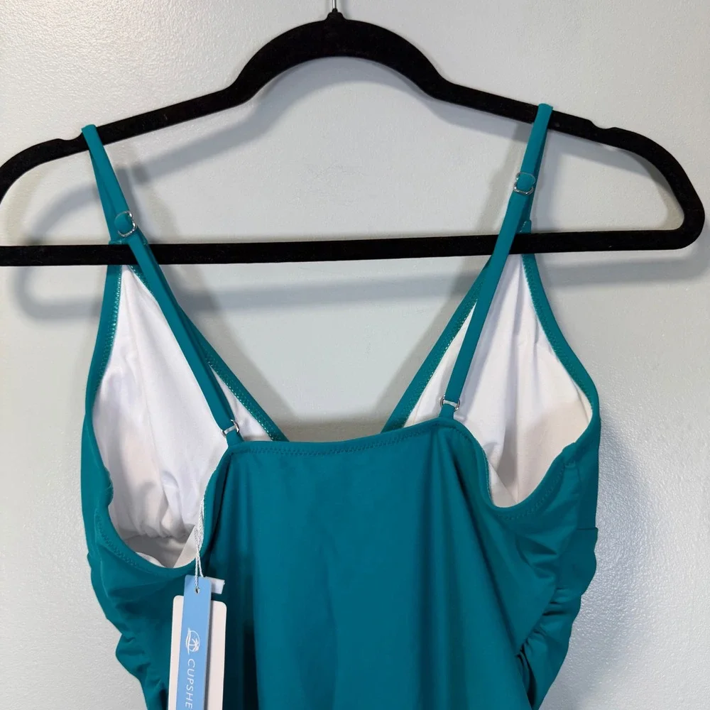 Cupshe Teal Ruched V-Neck One Piece Swimsuit Adjustable Straps NWT Large‎